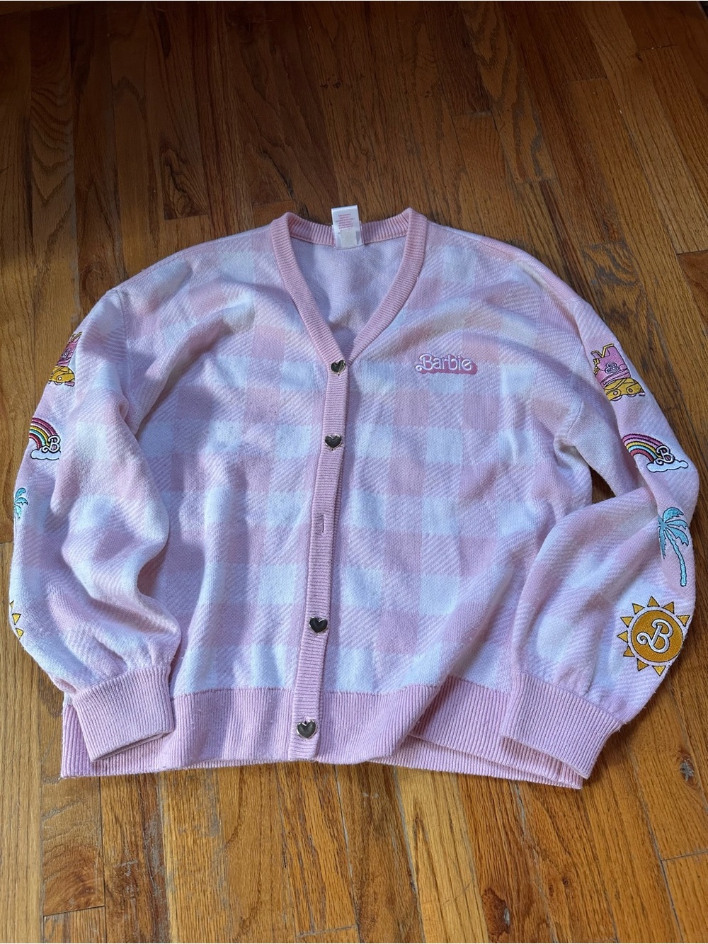 Barbie Pink and White Checkered Heart-Button Cardigan